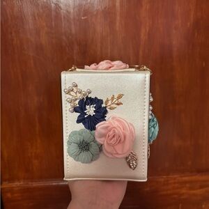Floral Embellished Handbag with Gold Handle